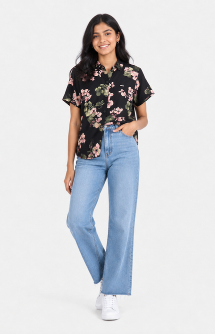 Black Floral Print Short-Sleeve Collared Girl Shirt