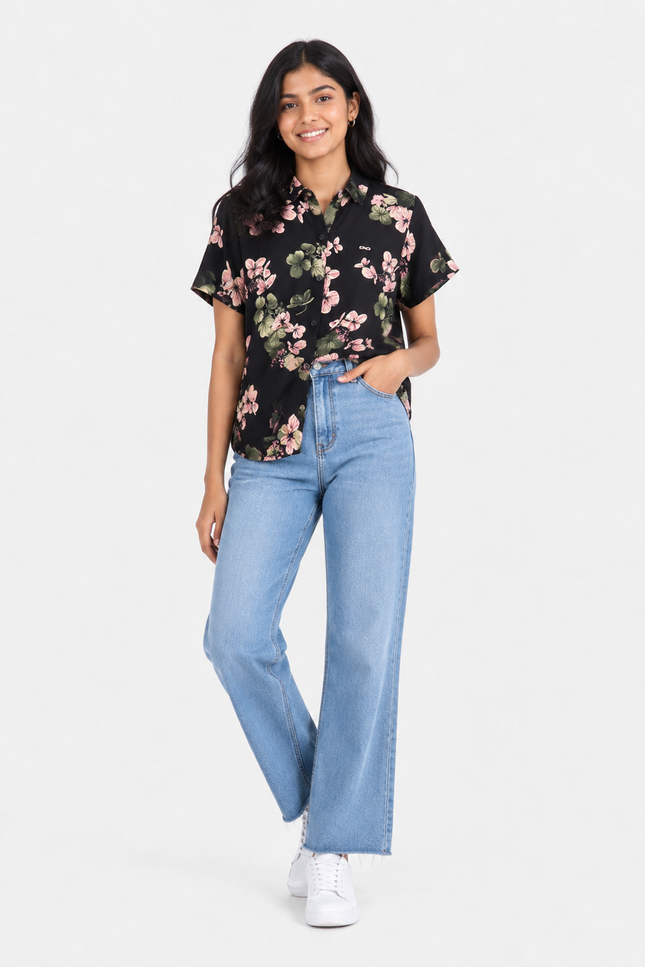 Black Floral Print Short-Sleeve Collared Girl Shirt
