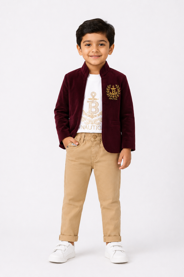 Boys Premium Velvet Blazer Set with Graphic Tee & Beige Pants