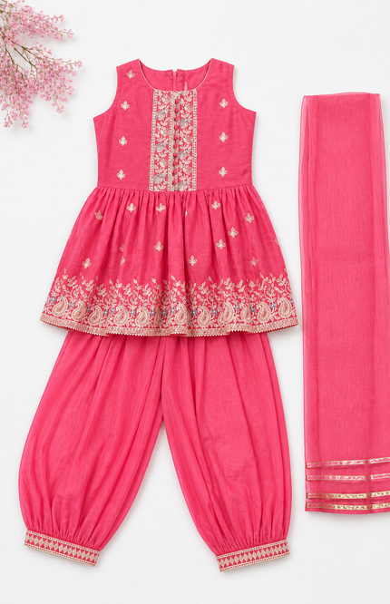 Pink Embroidered Kids Ethnic Kurta Set with Dupatta
