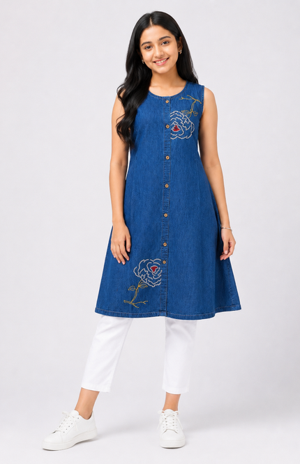 Blue Denim Embroidered Sleeveless Kurti