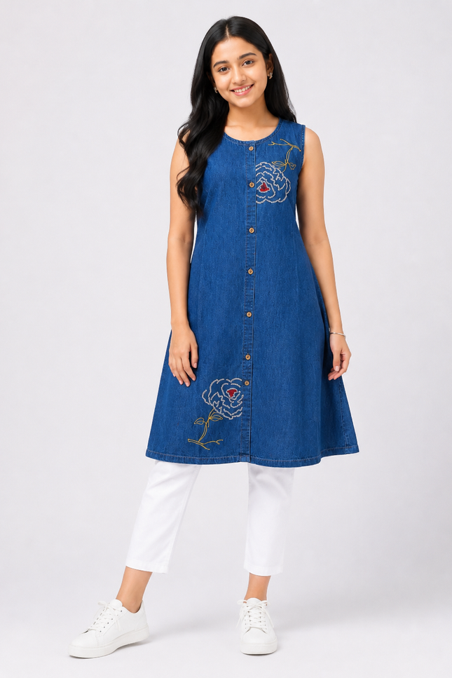 Blue Denim Embroidered Sleeveless Kurti