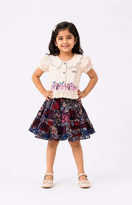Elegant Girls Cotton Top & Printed Layered Skirt Set
