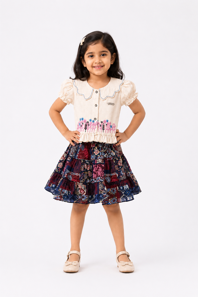 Elegant Girls Cotton Top & Printed Layered Skirt Set