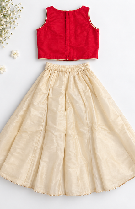 Red & Cream Festive Embroidered Lehenga Set for Girls