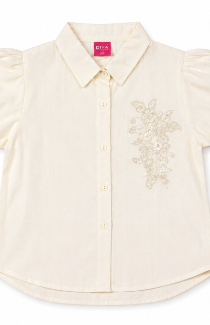 Floral Embroidered Puff-Sleeve Shirt
