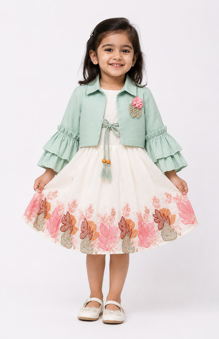 Green Bell Sleeve Jacket with Embroidered Flared Dress