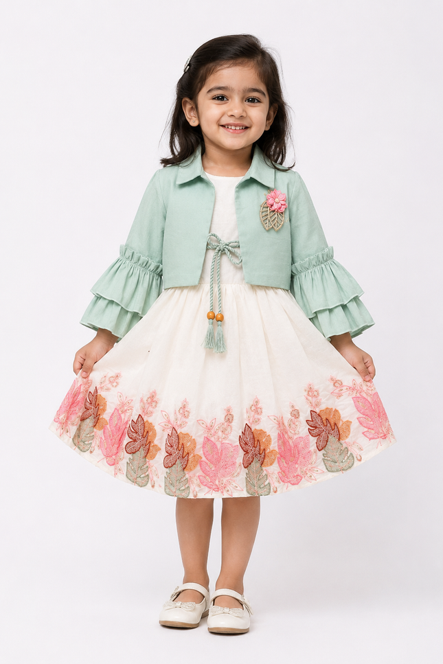 Green Bell Sleeve Jacket with Embroidered Flared Dress