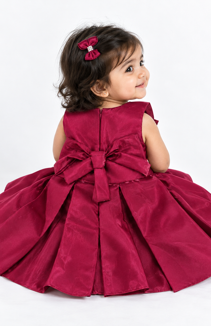 Wine Satin Bow Party Frock for Baby Girls