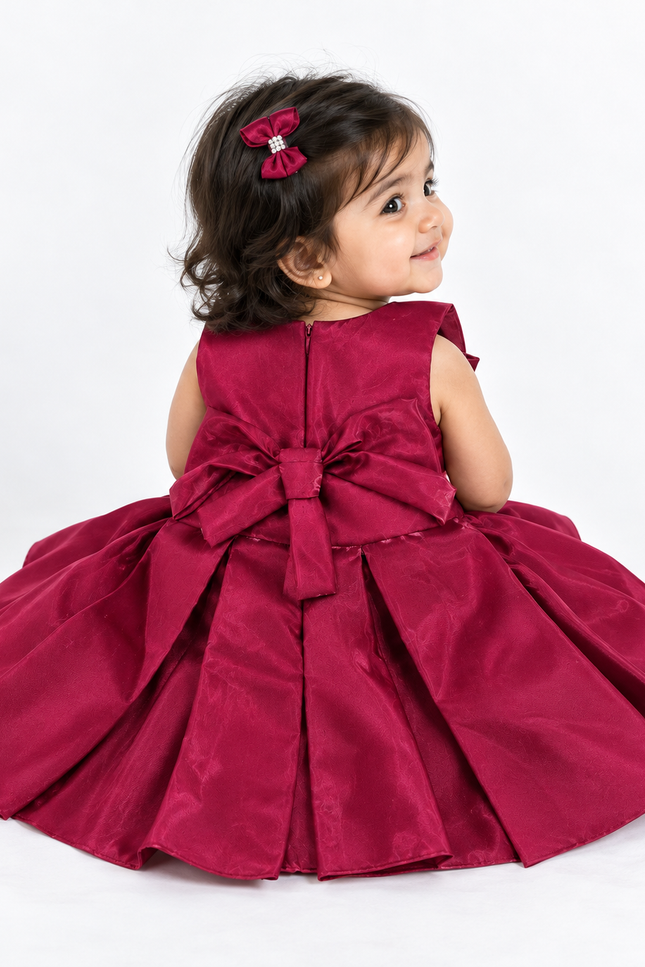 Wine Satin Bow Party Frock for Baby Girls
