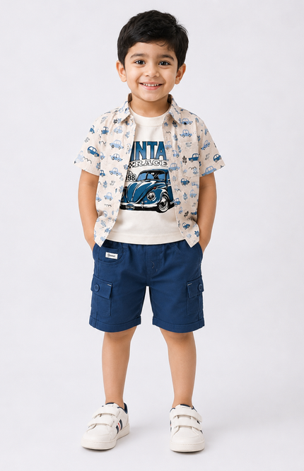 Car Print Shirt & Cargo Shorts Set with Graphic Sleeveless Tee
