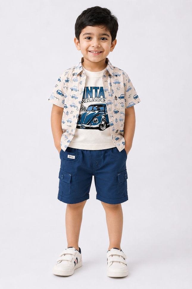 Car Print Shirt & Cargo Shorts Set with Graphic Sleeveless Tee