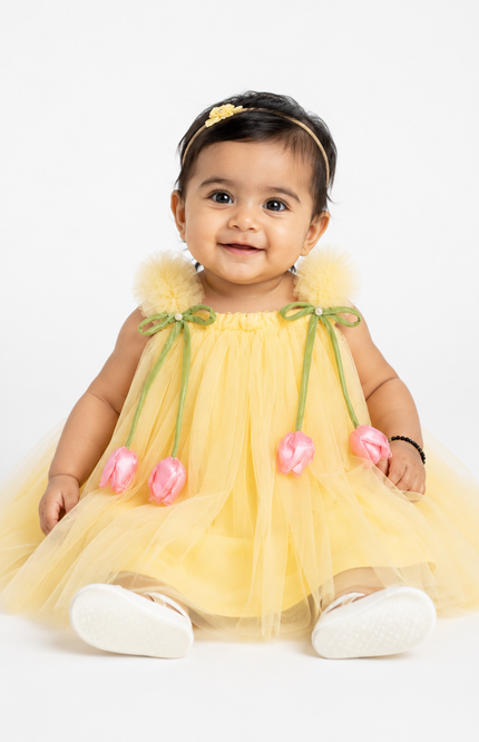 Party Dress with Floral Pom-Pom Straps