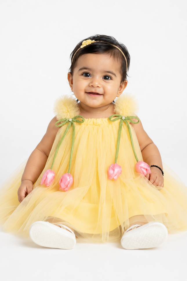 Party Dress with Floral Pom-Pom Straps