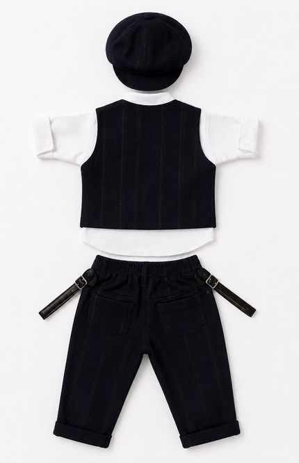 Formal Pinstripe Waistcoat Set with Shirt, Bow Tie & Cap