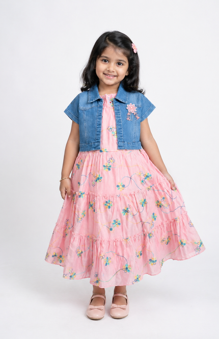 Girls Floral Pink Dress with Denim Jacket Set