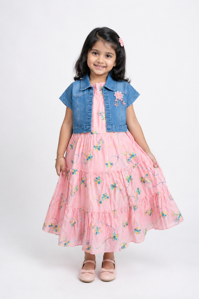 Girls Floral Pink Dress with Denim Jacket Set