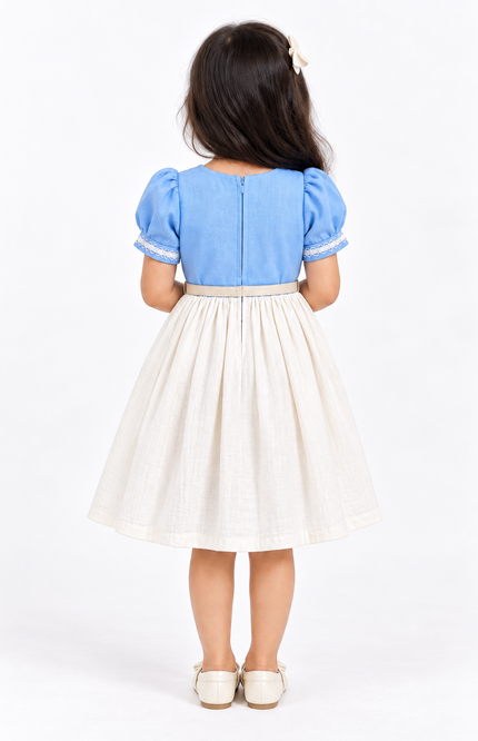 Girls’ Sky Blue & Ivory Embroidered Dress with Belt