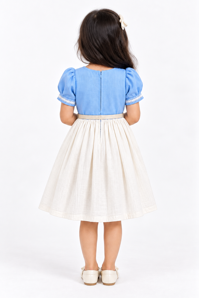 Girls’ Sky Blue & Ivory Embroidered Dress with Belt