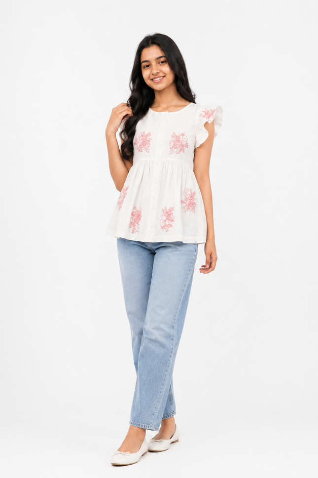 Embroidered Flutter-Sleeve Girls top