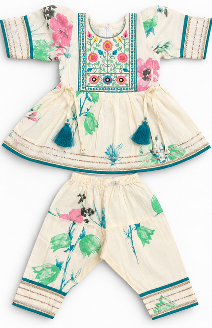 Floral Printed Cream Kurta & Dhoti Set for Baby Girls