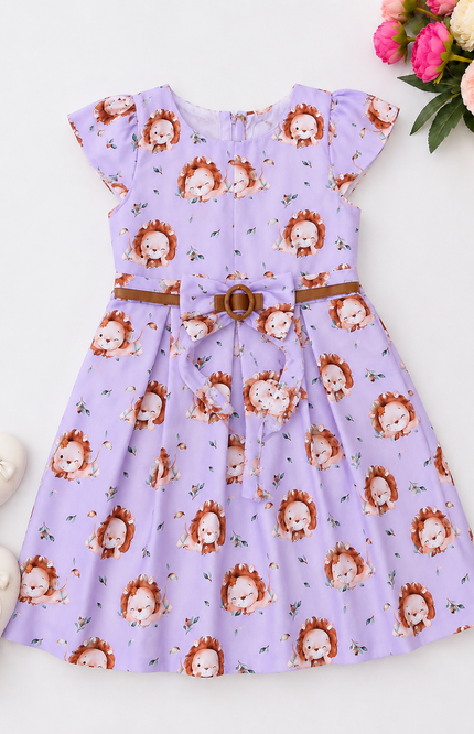Cute Lion Print Girls Fit & Flare Dress with Belt