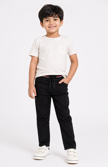 Boys Black Regular Fit Jeans with Elastic Waist & Drawstring