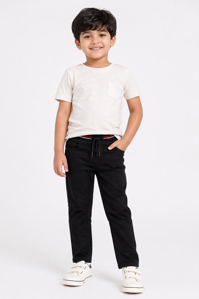 Boys Black Regular Fit Jeans with Elastic Waist & Drawstring