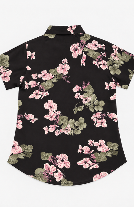 Black Floral Print Short-Sleeve Collared Girl Shirt
