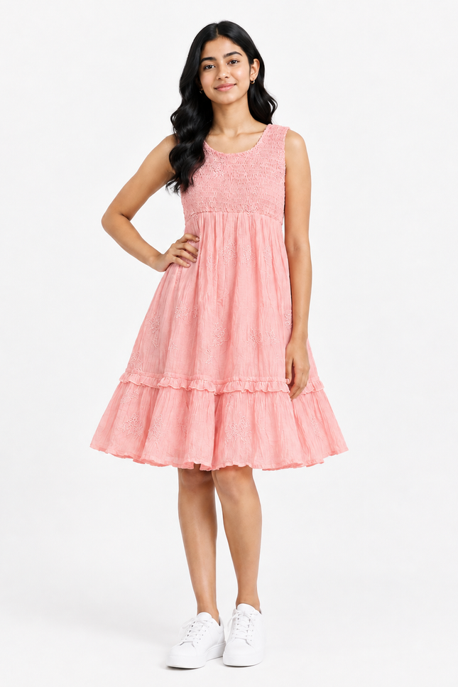 Girls’ Peach Tiered Dress with Waist Tie