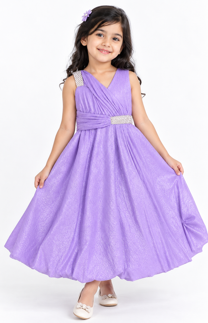 Girls’ Lavender Shimmer Party Dress with Embellished Waist