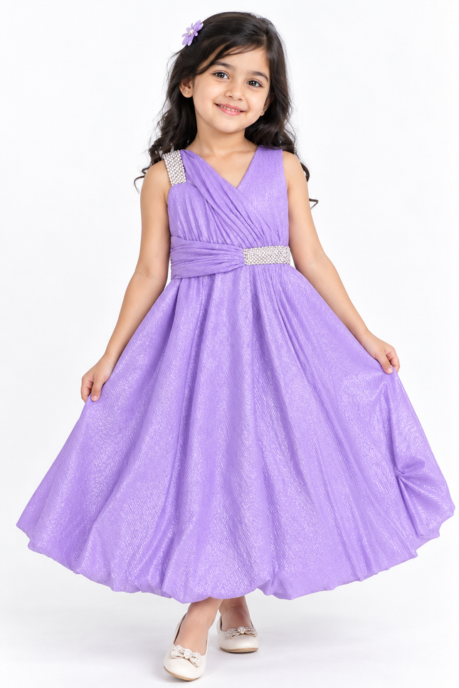 Girls’ Lavender Shimmer Party Dress with Embellished Waist