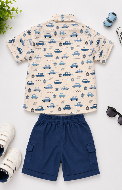 Car Print Shirt & Cargo Shorts Set with Graphic Sleeveless Tee
