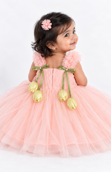 Girls Peach Tulle Party Frock with Floral Bow & Tulip