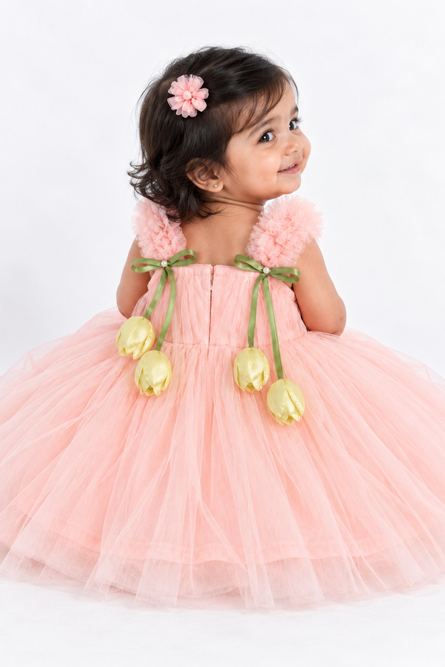 Girls Peach Tulle Party Frock with Floral Bow & Tulip