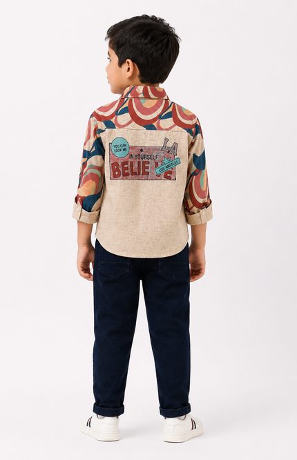Retro Print Shirt & Denim Jeans Kids Co-Ord Set