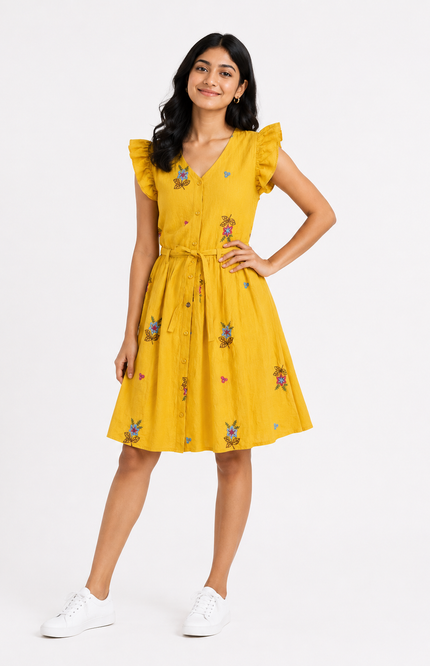 Girls’ Mustard Yellow Floral Embroidered Belted Dress