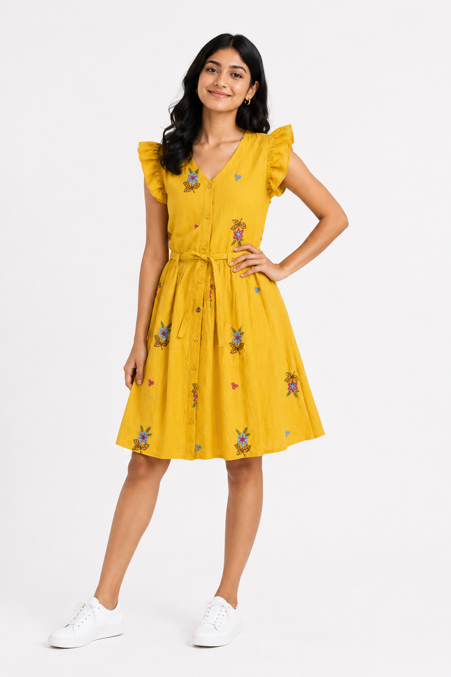 Girls’ Mustard Yellow Floral Embroidered Belted Dress