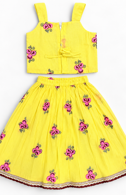 Girls Yellow Floral Lehenga Choli Set with Dupatta