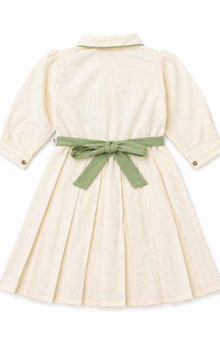 Elegant Cream Kids Dress with Green Waist Bow