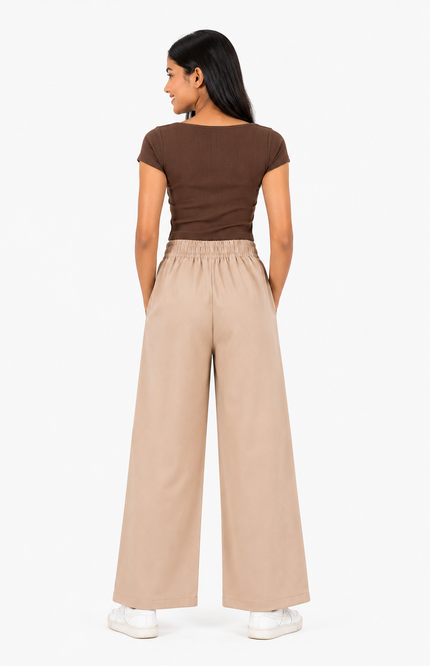 Beige Comfort Fit Wide-Leg Kids Trousers