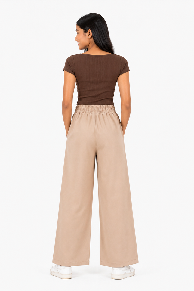 Beige Comfort Fit Wide-Leg Kids Trousers