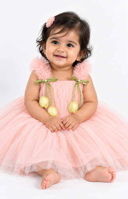 Girls Peach Tulle Party Frock with Floral Bow & Tulip