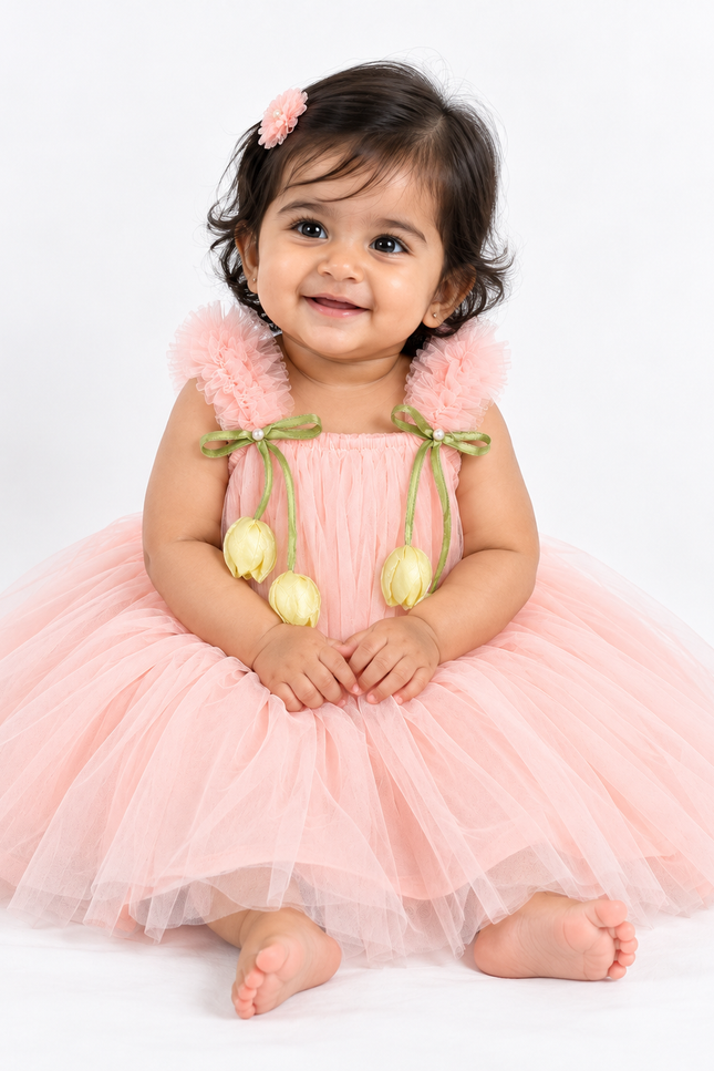 Girls Peach Tulle Party Frock with Floral Bow & Tulip