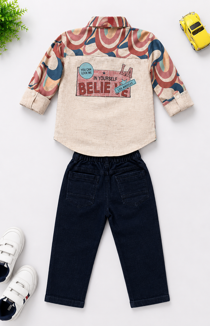 Retro Print Shirt & Denim Jeans Kids Co-Ord Set