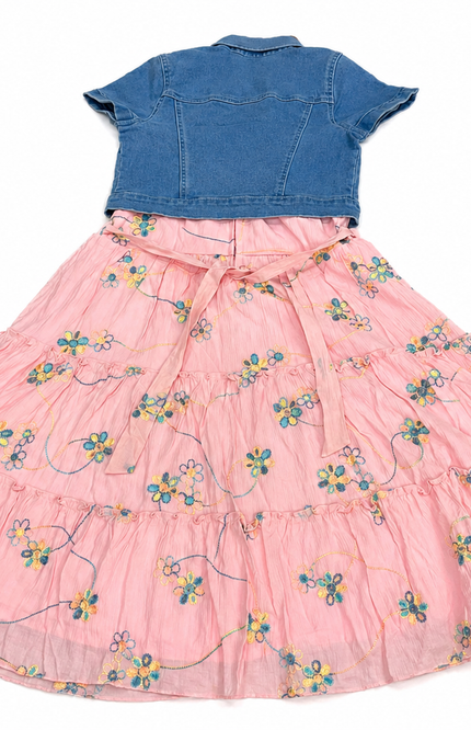 Girls Floral Pink Dress with Denim Jacket Set