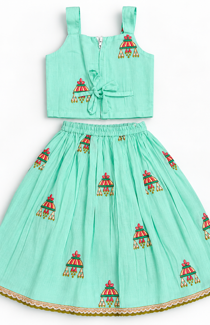 Mint Green Embroidered Lehenga Choli Set with Dupatta for Girls