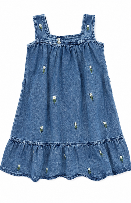 Girls' Blue Denim Dress with Waist Belt & Ruffle Hem