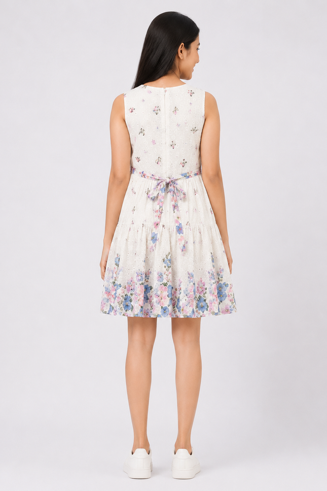 White Floral Print Sleeveless Party Dress
