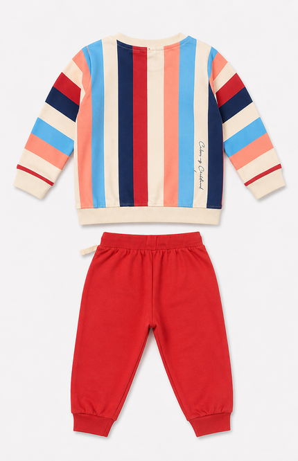 Multicolor Striped Sweatshirt & Red Jogger Co-Ord Set